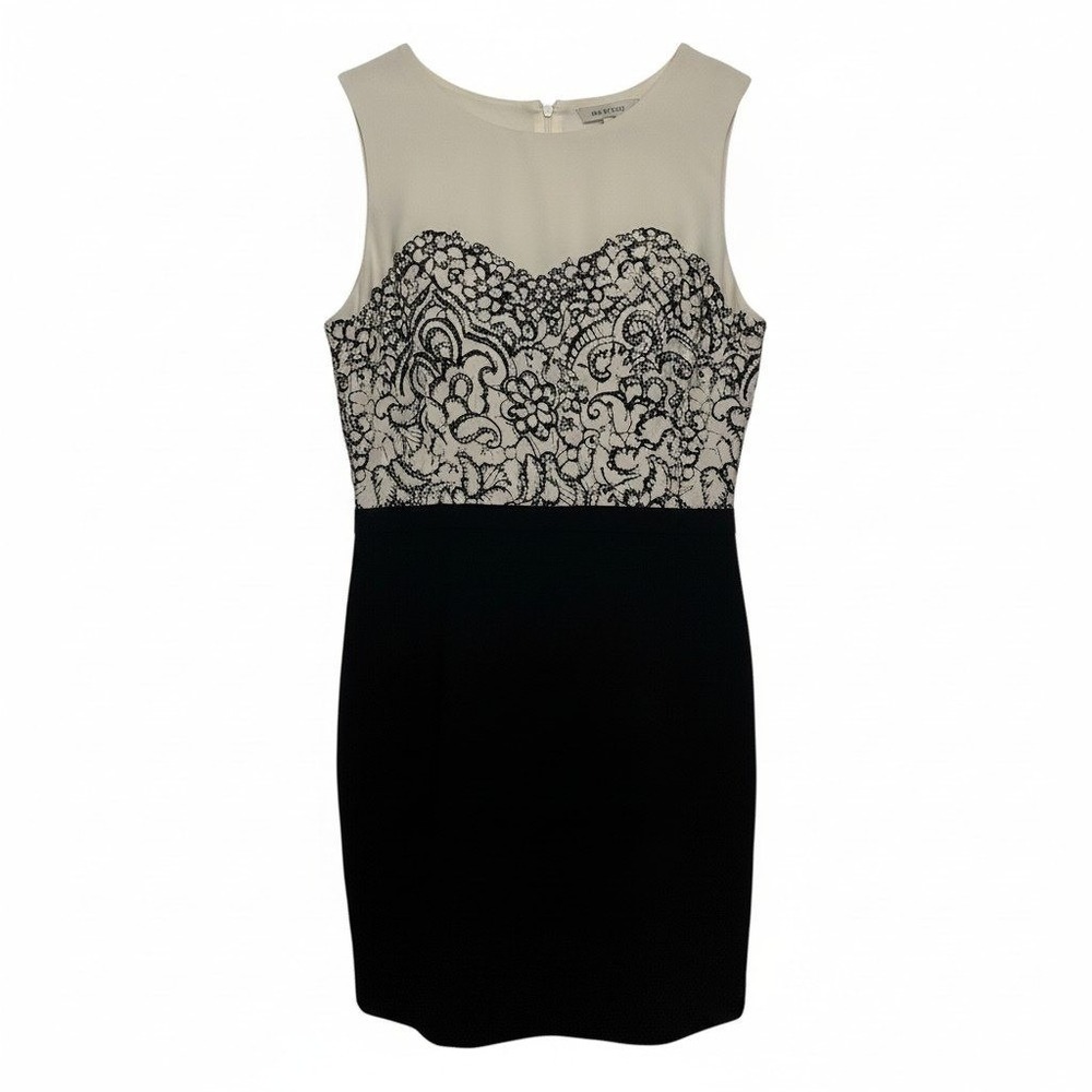Ann Taylor Loft Womens 12 Black Cream Colorblock Lace Print Sheath Dress
